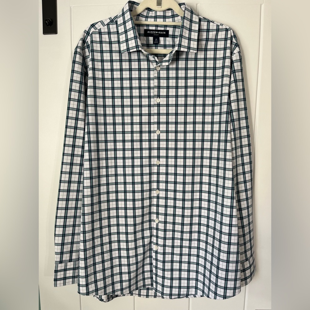 Mizzen+Main Leeward Green and Blue Plaid Shirt Button Down Dress Shirt